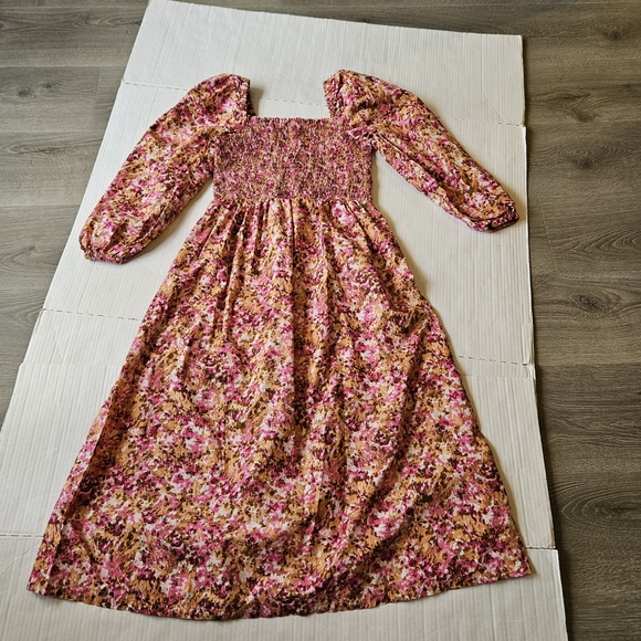 J Crew smocked puff sleeve midi faded floral dress pink brown, S - Picture 6 of 16
